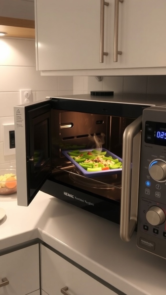 A microwave oven in a kitchen with steaming vegetables inside, showcasing a modern cooking environment.